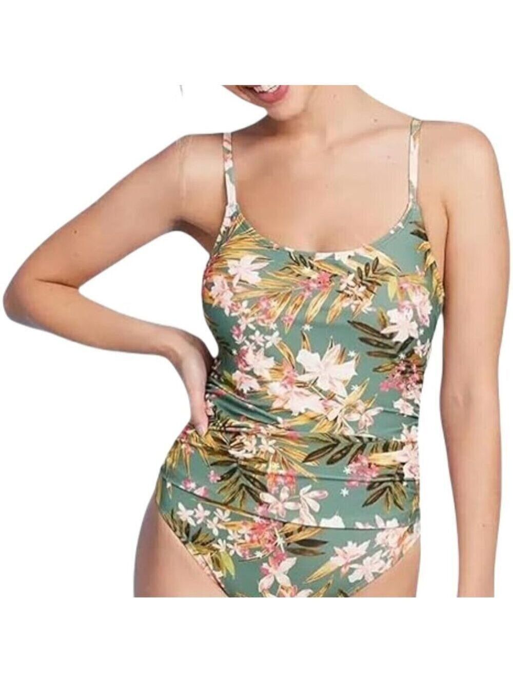 Kona Sol NWT Green Tropical Floral Ruched Built-In Shelf Bra Swimsuit Size S